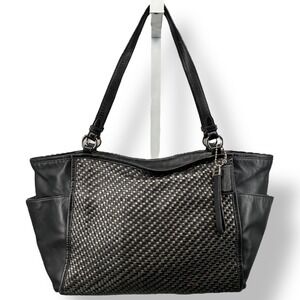 Coach F31285 Black Woven Leather Tote Shoulder Bag Zip Top Classic Everyday